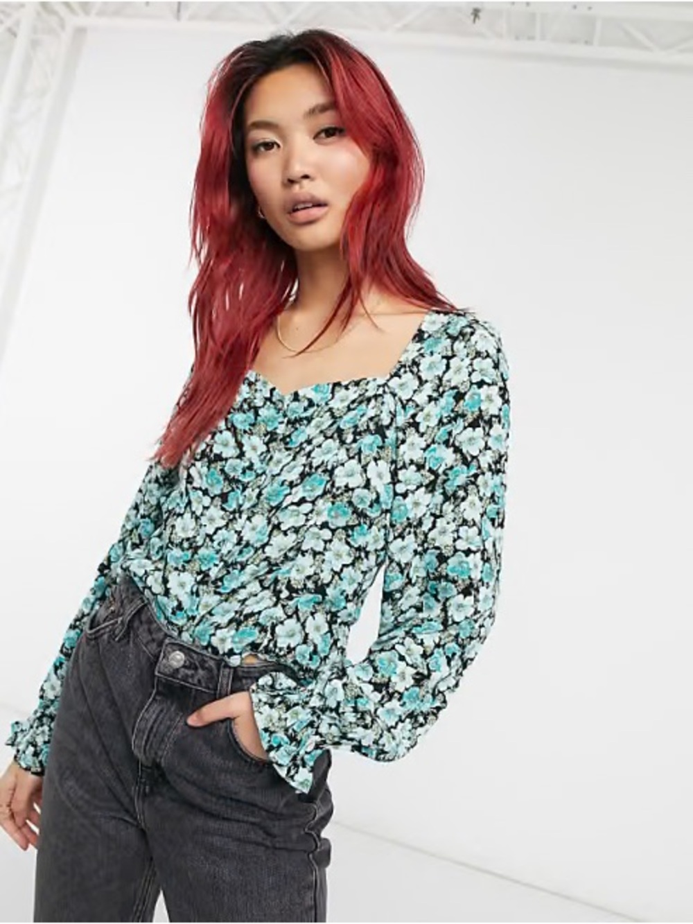 & Other Stories Aqua and Black Floral Square-Neck Long Sleeve Blouse